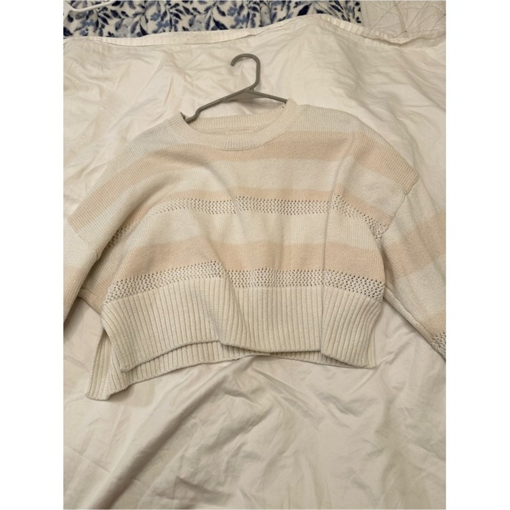 Happily Grey Striped Sweater Womens XL Cream Beige Excellent Pointelle Cropped - Picture 5 of 5